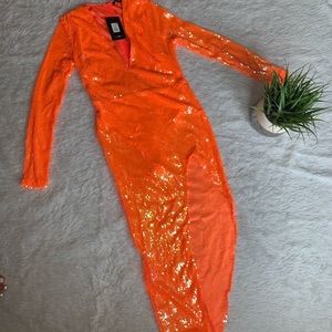BRAND NEW Orange Sequin Long Asymmetrical Dress